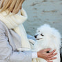 a woman holding a white dog on a beach