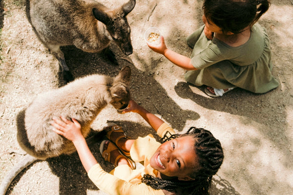 a little girl petting a cat on the ground