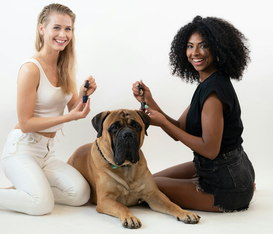 a couple of women and a dog