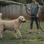 a woman is spraying a dog with a hose