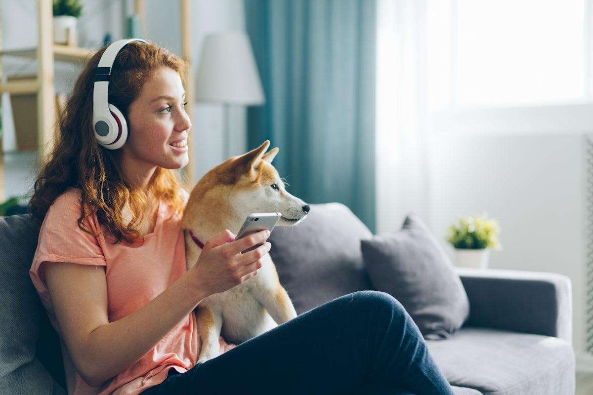 a woman sitting on a couch with a dog wearing headphones