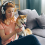 a woman sitting on a couch with a dog wearing headphones