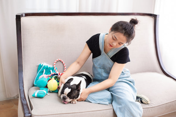 Woman pets a bulldog on a couch with dog toys.
