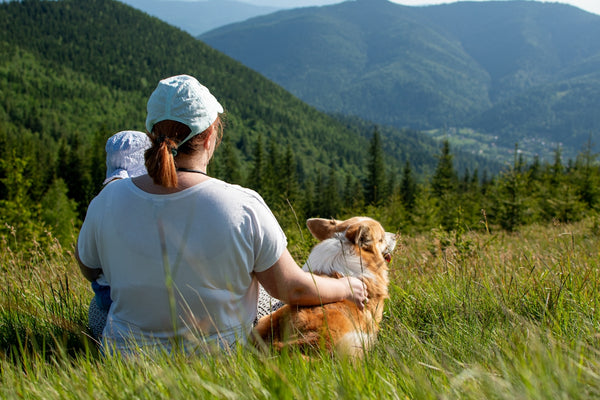 A woman, baby, and dog enjoy a mountain view.