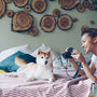Woman takes a photo of a dog on a bed.