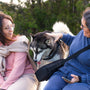 Two women petting a husky dog outdoors