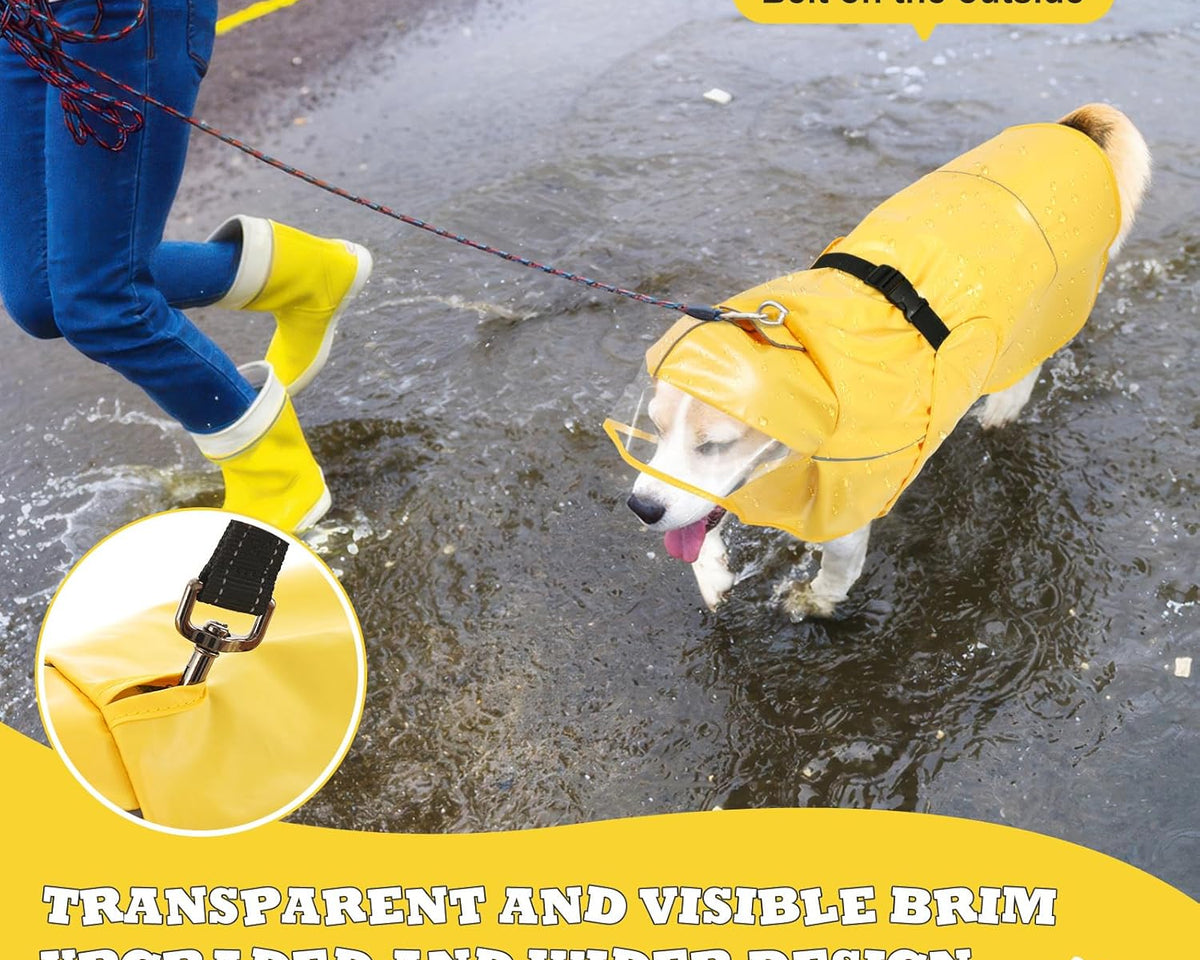 Adjustable Dog Raincoat with Clear Hood and Reflective Strips for Large, Medium, and Small Dogs - Yellow, Size L