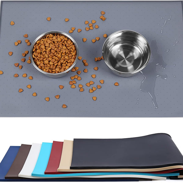 Large Waterproof Non-Slip Silicone Feeding Mat for Dogs and Cats with Raised Edge, Anti-Mess Placemat for Food and Water, Grey (24" x 16")