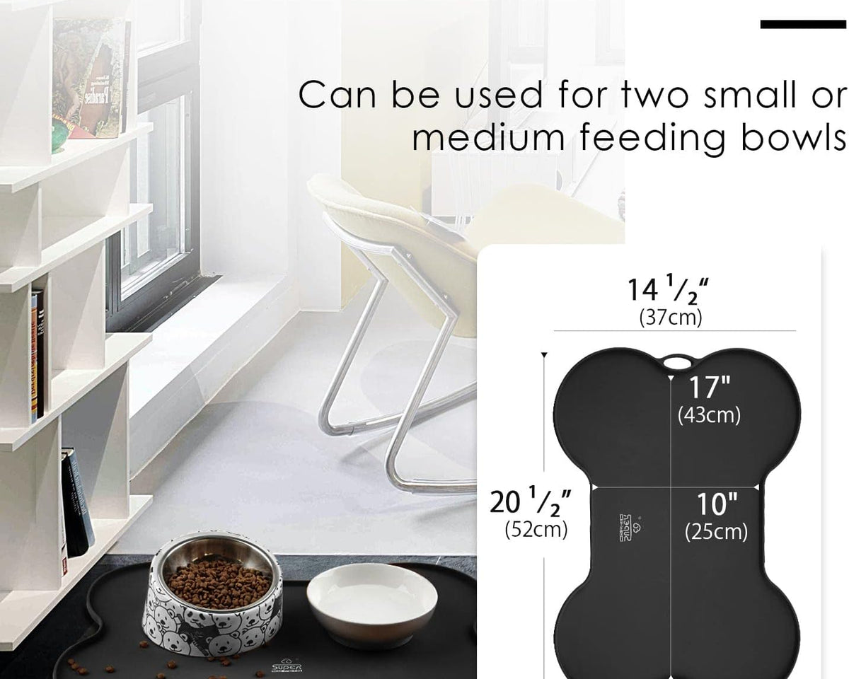 Premium Waterproof Silicone Dog and Cat Feeding Mat - Non-Spill Design, 20.5" x 14.5", Black