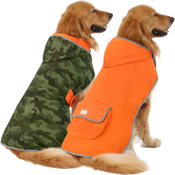 Stylish Reversible Camo & Orange Dog Raincoat - Hooded Slicker Poncho for Small, Medium & Large Dogs - Size L