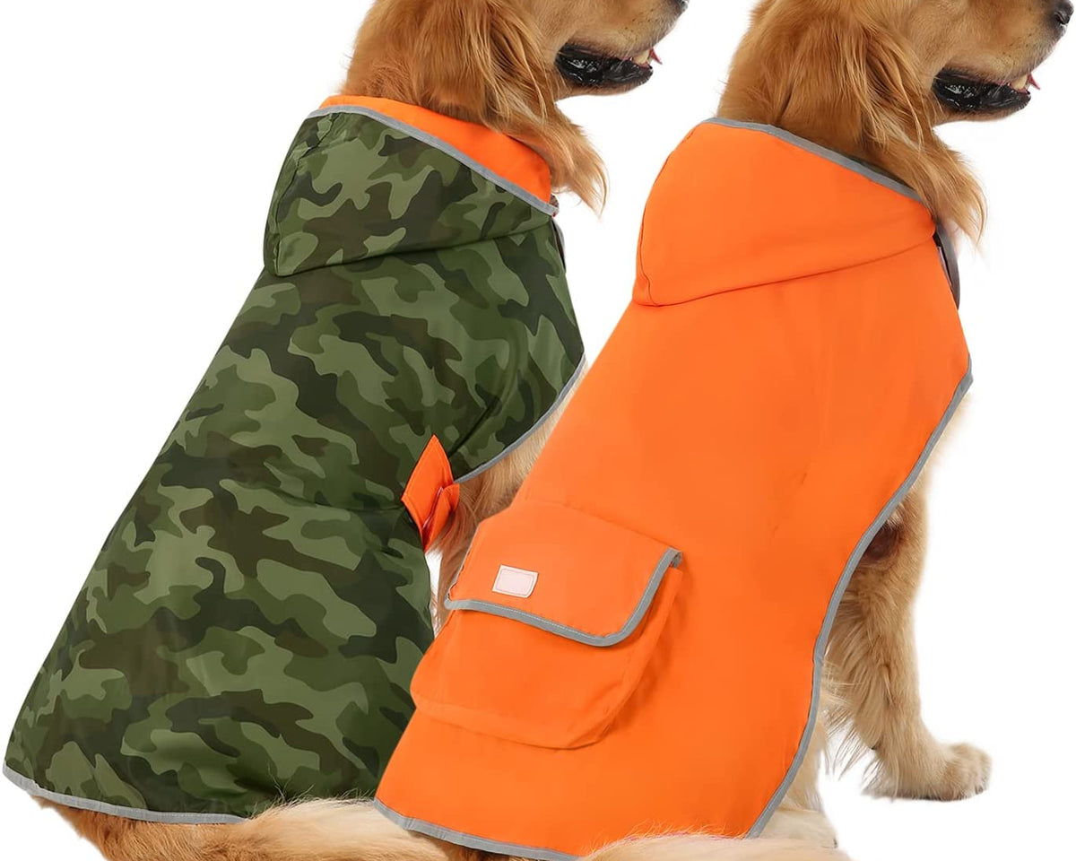 Stylish Reversible Camo & Orange Dog Raincoat - Hooded Slicker Poncho for Small, Medium & Large Dogs - Size L