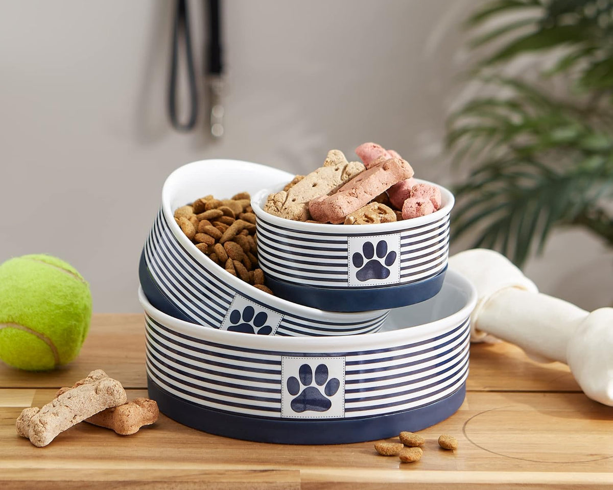 Paw & Patch Nautical Blue Small Ceramic Pet Bowl for Dogs and Cats - 4.25" x 2" with Non-Slip Base
