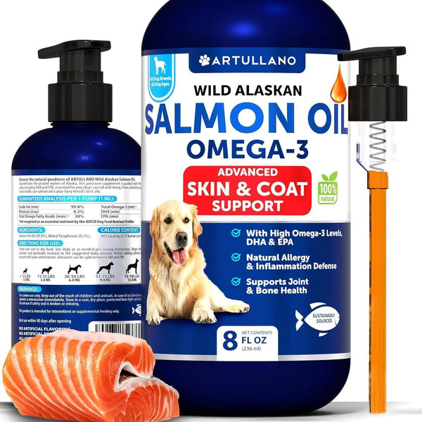 Premium Wild Alaskan Salmon Oil for Dogs - 8 FL OZ Omega 3 Fish Oil with Natural EPA