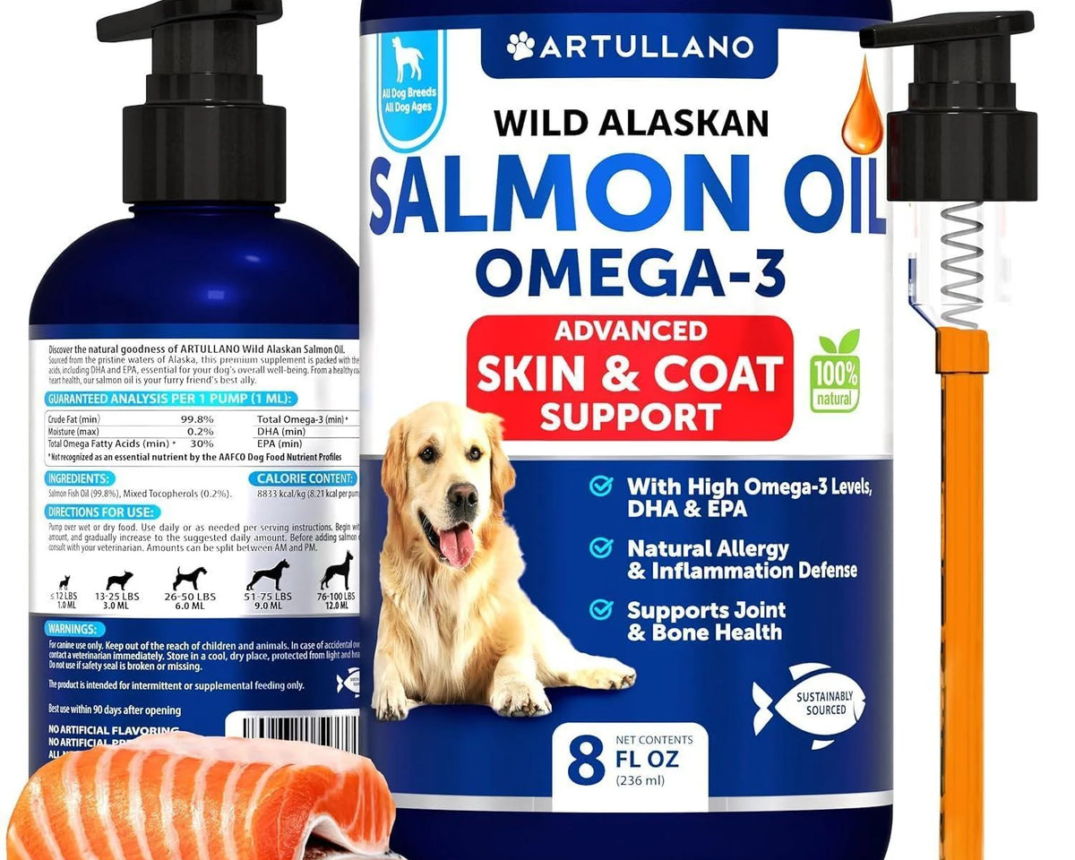 Premium Wild Alaskan Salmon Oil for Dogs - 8 FL OZ Omega 3 Fish Oil with Natural EPA