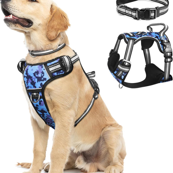 Adjustable No-Pull Dog Harness with Reflective Oxford Vest and Collar, Featuring Front/Back Leash Clips and Easy Control Handle for All Dog Sizes