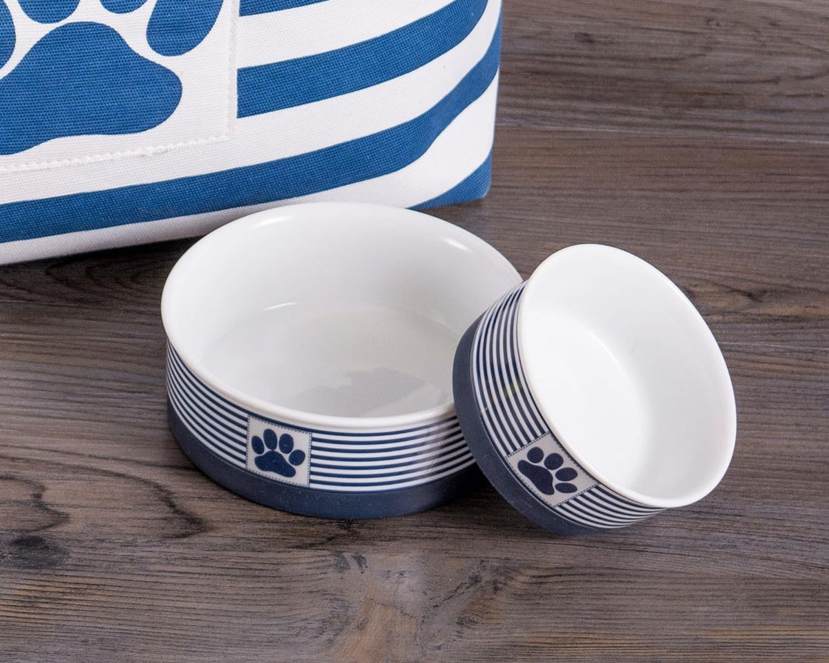 Paw & Patch Nautical Blue Small Ceramic Pet Bowl for Dogs and Cats - 4.25" x 2" with Non-Slip Base