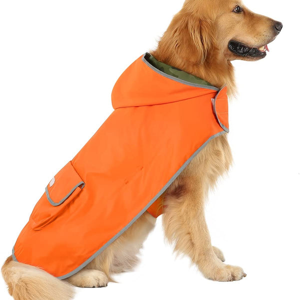Stylish Reversible Camo & Orange Dog Raincoat - Hooded Slicker Poncho for Small, Medium & Large Dogs - Size L