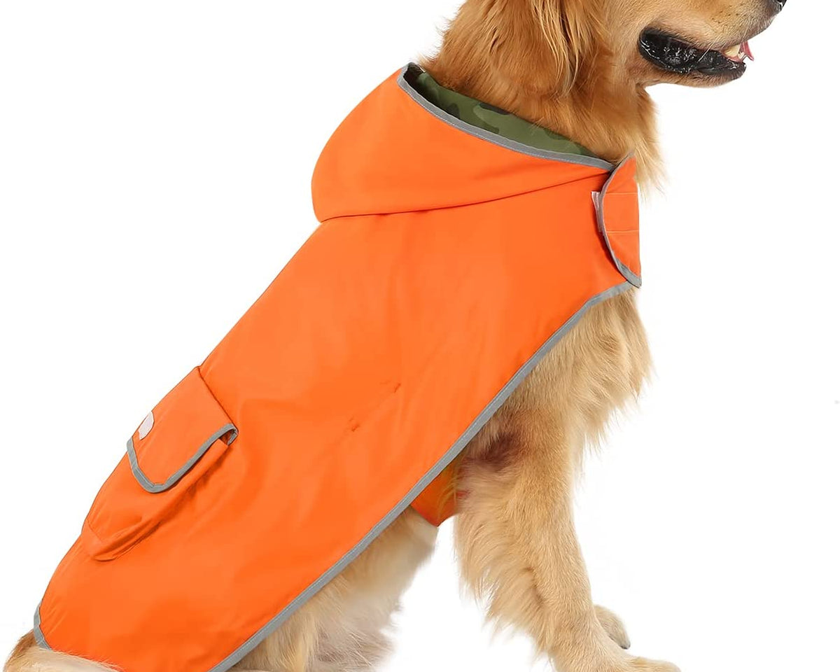 Stylish Reversible Camo & Orange Dog Raincoat - Hooded Slicker Poncho for Small, Medium & Large Dogs - Size L