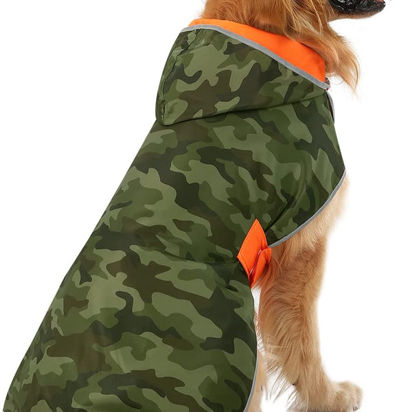 Stylish Reversible Camo & Orange Dog Raincoat - Hooded Slicker Poncho for Small, Medium & Large Dogs - Size L