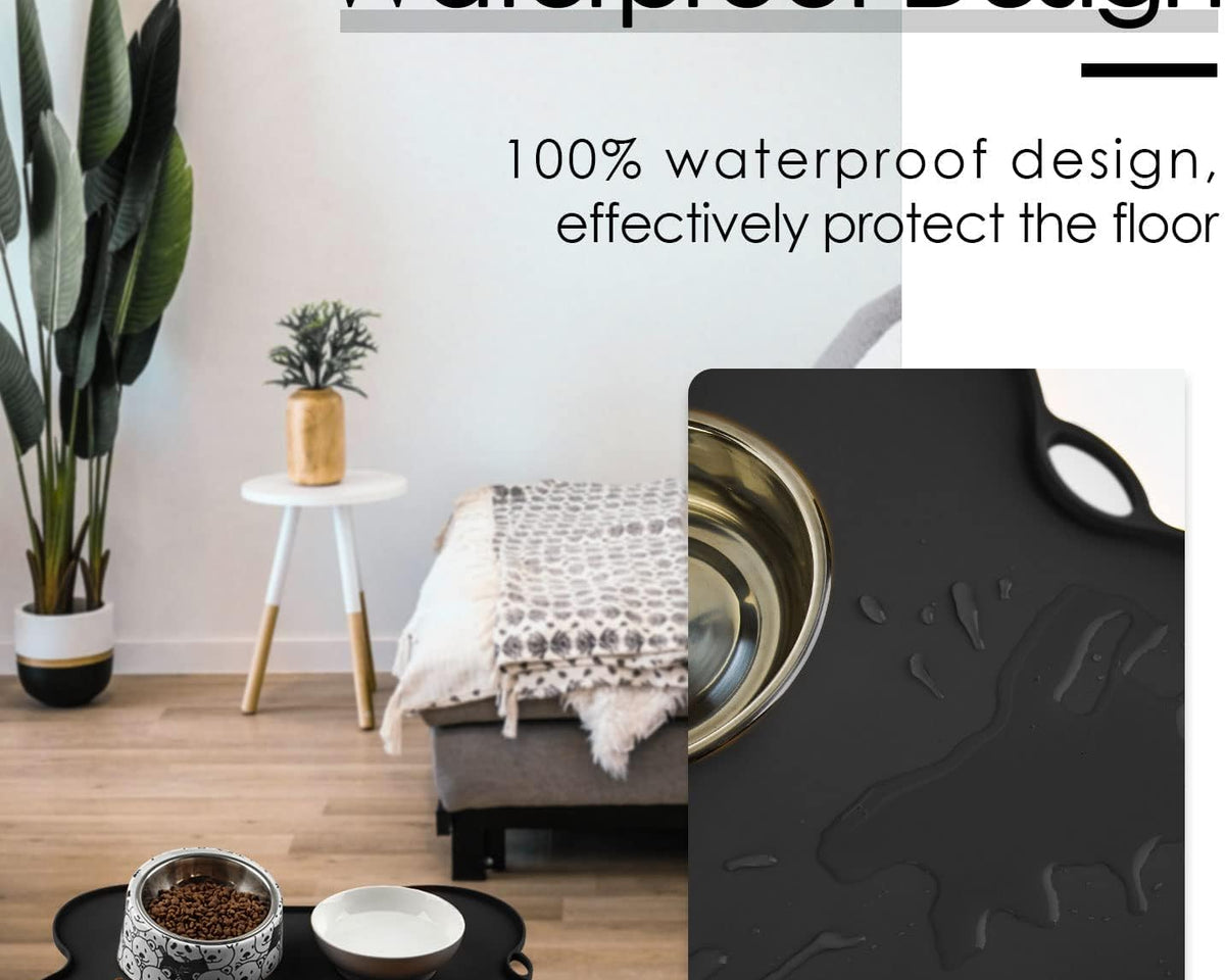 Premium Waterproof Silicone Dog and Cat Feeding Mat - Non-Spill Design, 20.5" x 14.5", Black