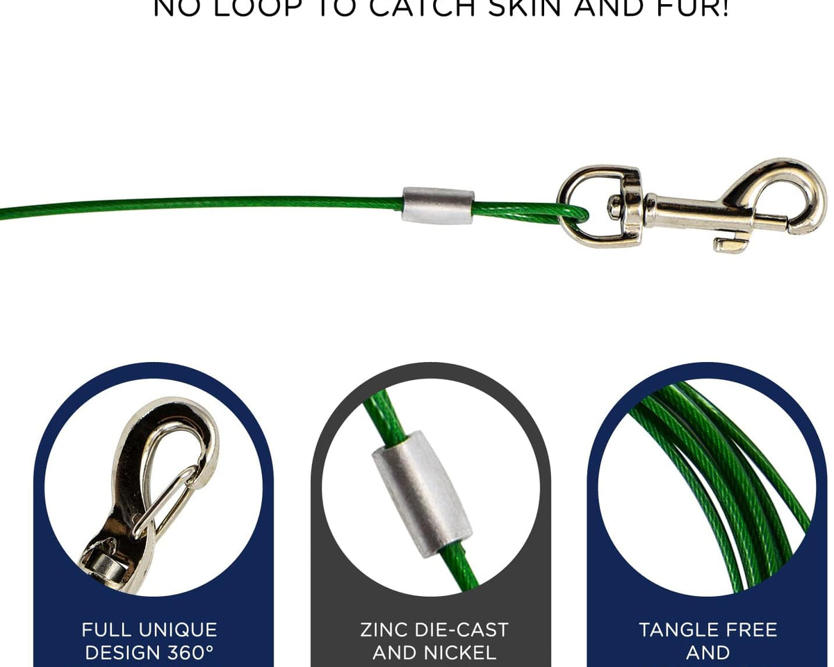 Zinco 10 Ft Heavy Duty Dog Tie Out Cable - Perfect for Small Breeds Up to 20 lbs - 360° Rotating Swivel for Training, Camping, and Backyard Fun - Vibrant Green