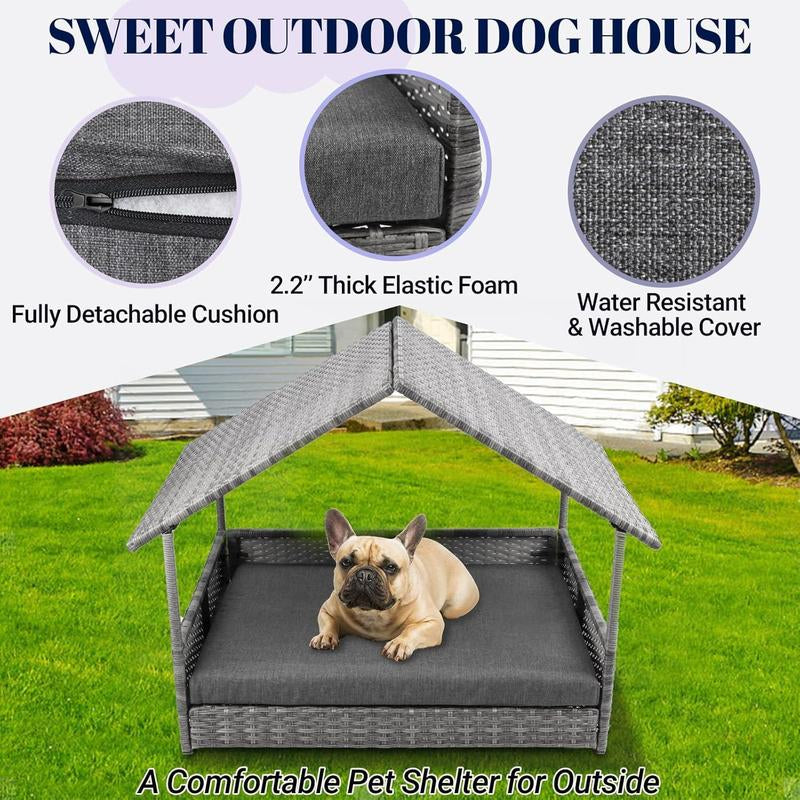  Elevated Rattan Dog Bed with Canopy