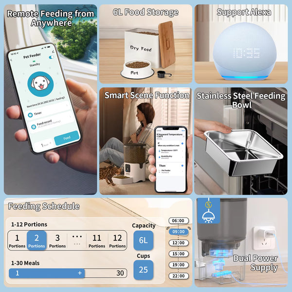 Smart Automatic Cat Feeder with Wi-Fi Connectivity and App Control for Remote Feeding, Easily Detachable for Cleaning