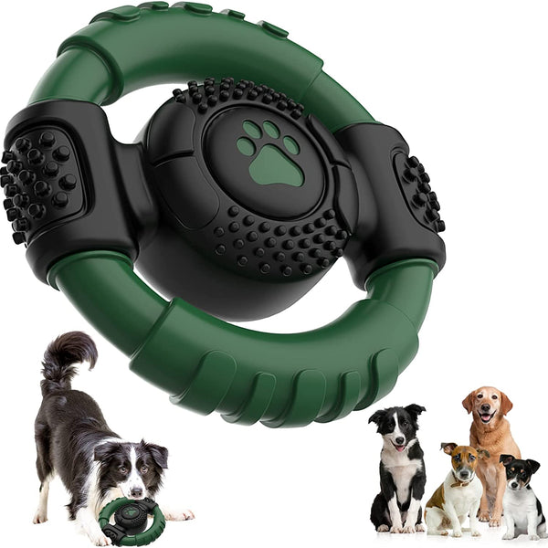 Durable Squeaky Dog Chew Toy - Rubber Steering Wheel Design for Medium and Large Breeds (Green)