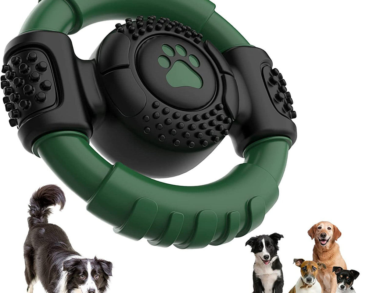 Durable Squeaky Dog Chew Toy - Rubber Steering Wheel Design for Medium and Large Breeds (Green)