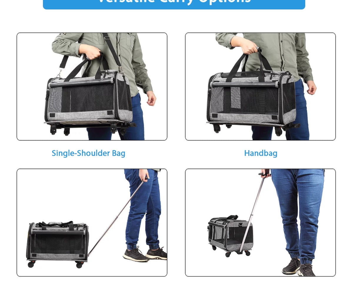 Airline Approved Rolling Pet Carrier for Small to Medium Dogs & Cats - Telescopic Handle & Wheels, Grey