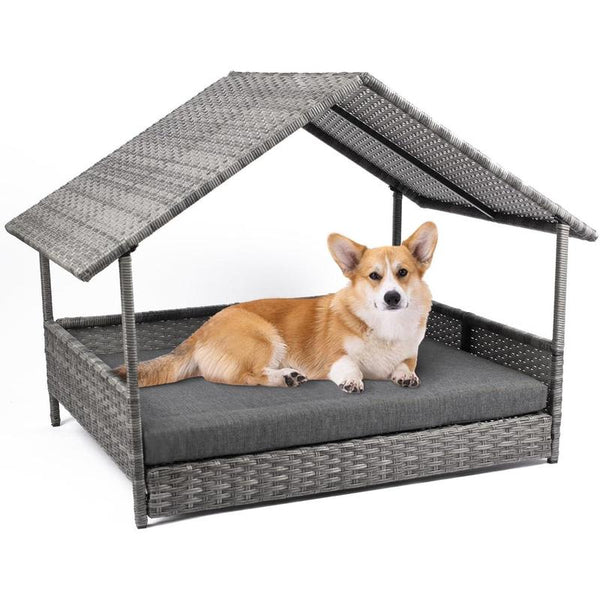 Elevated Rattan Dog Bed with Canopy