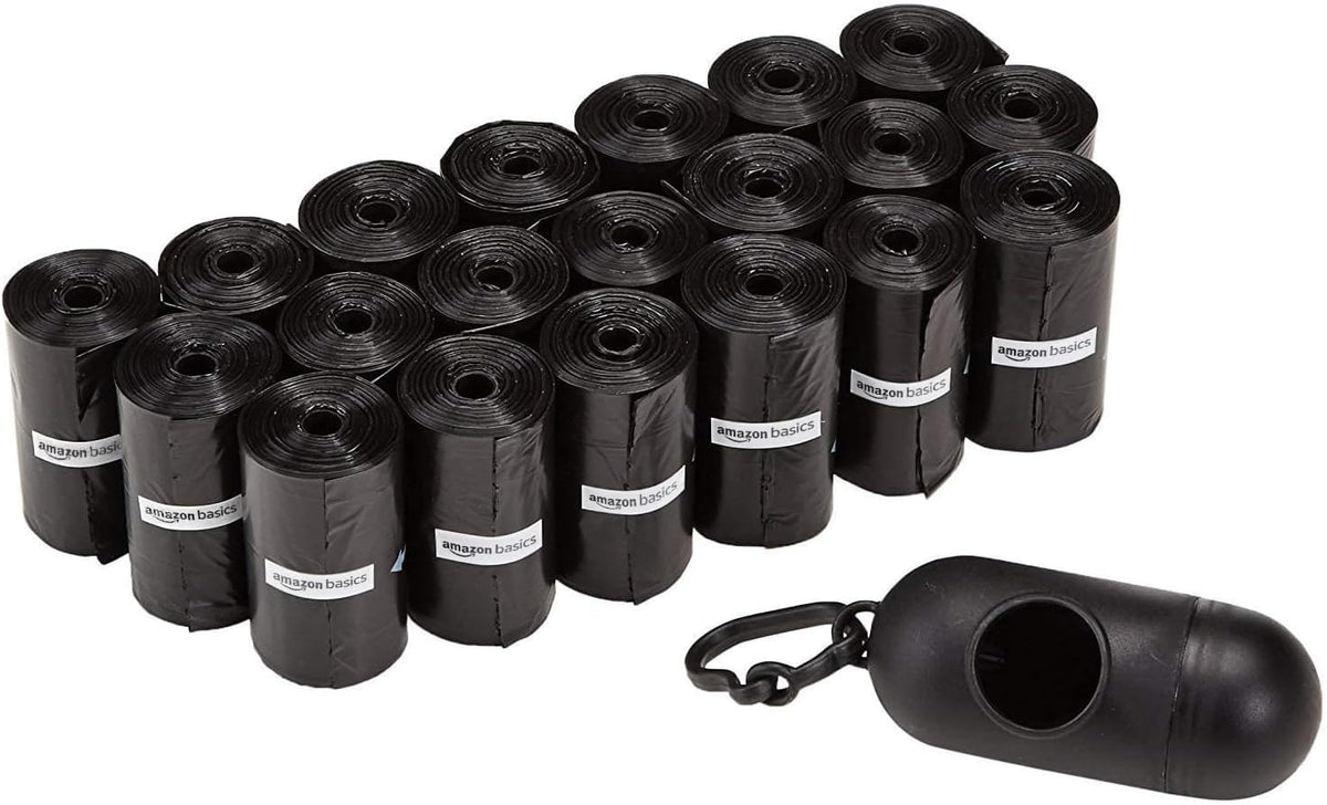 Dog Poop Leak Proof Bags with Dispenser and Leash Clip, Unscented, 300 Count, 20 Pack of 15, Black, 13 X 9 Inch