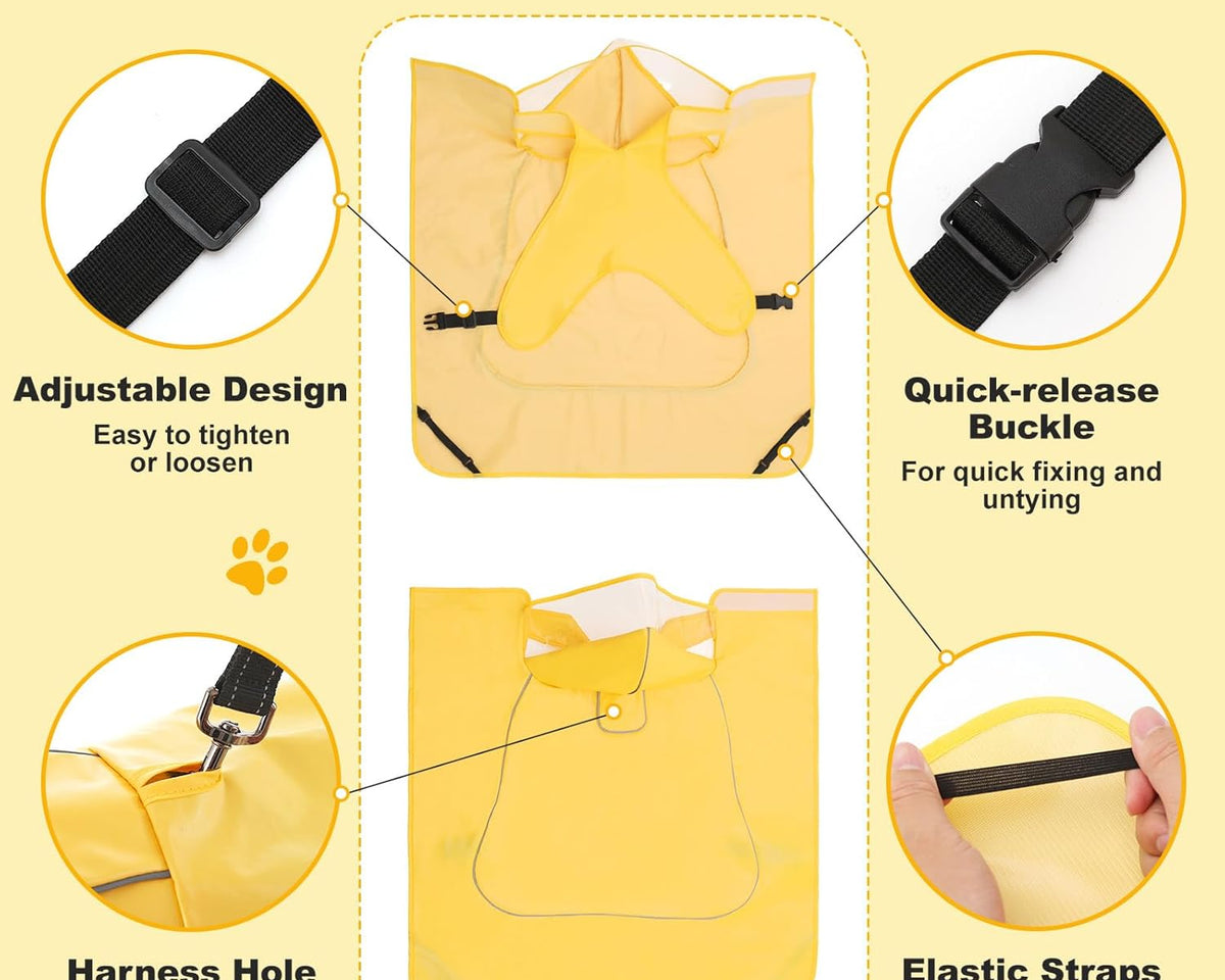 Adjustable Dog Raincoat with Clear Hood and Reflective Strips for Large, Medium, and Small Dogs - Yellow, Size L