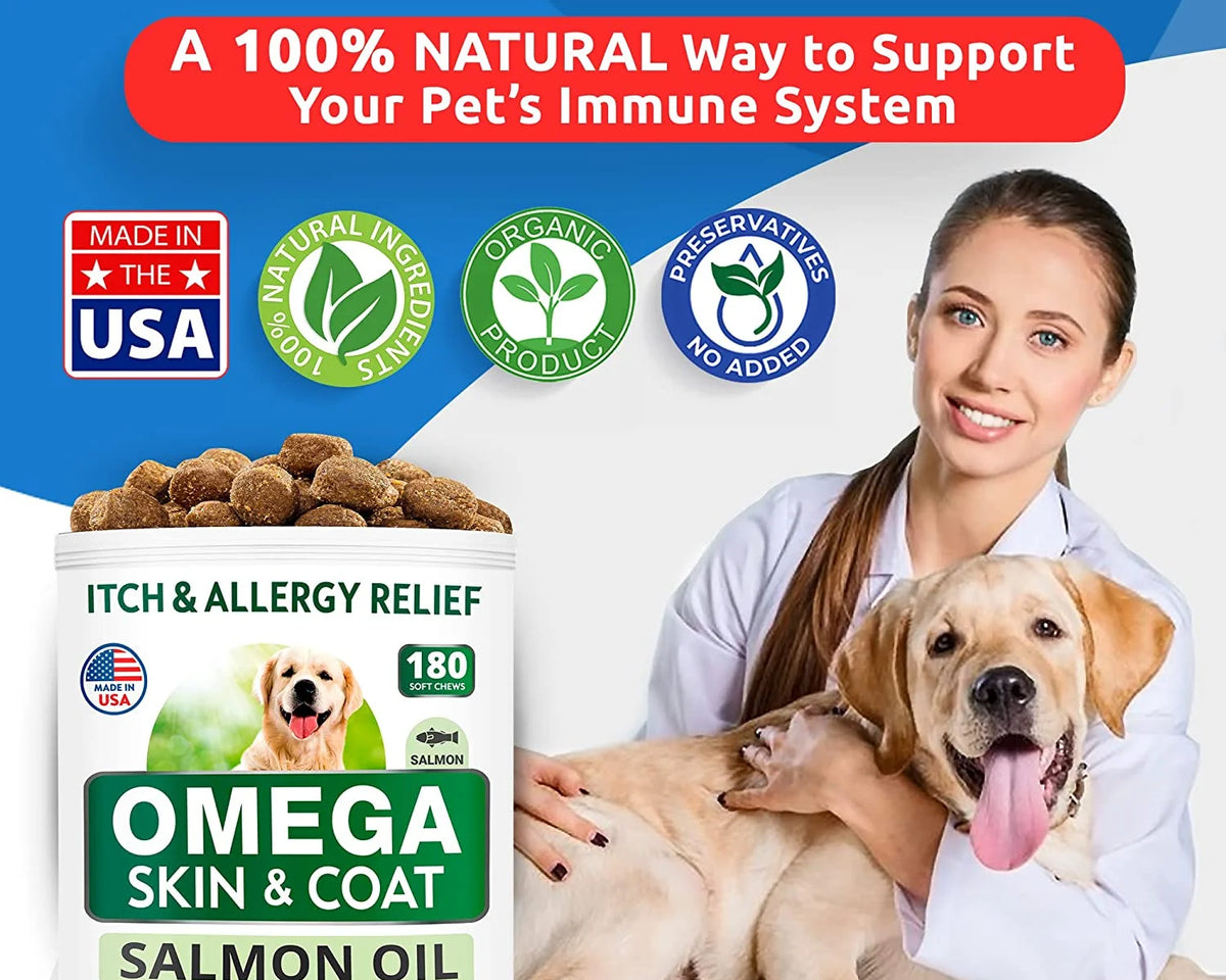 Omega 3 Fish Oil Treats for Dogs - 180 Soft Chews for Shedding, Skin Allergies, Itch Relief & Joint Health - Premium Salmon Oil with EPA & DHA for a Healthy Coat