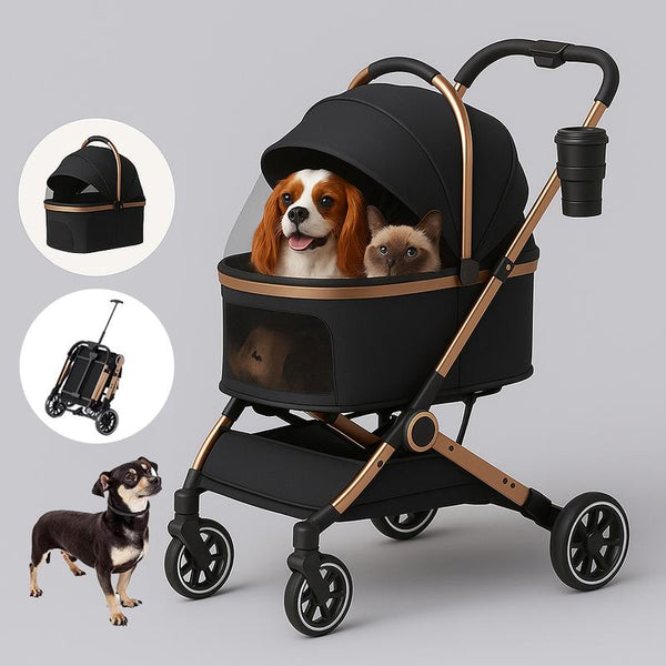 Premium Pet Stroller for Dogs & Cats - Foldable, Waterproof, with Storage Basket & Smooth Swivel Wheels for Ultimate Comfort!