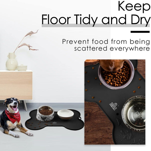 Premium Waterproof Silicone Dog and Cat Feeding Mat - Non-Spill Design, 20.5" x 14.5", Black