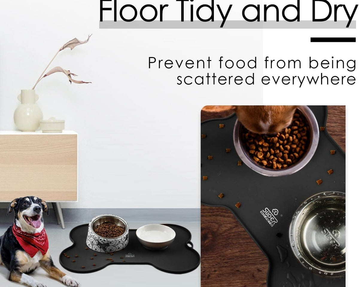 Premium Waterproof Silicone Dog and Cat Feeding Mat - Non-Spill Design, 20.5" x 14.5", Black