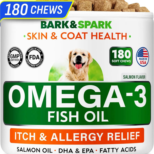 Omega 3 Fish Oil Treats for Dogs - 180 Soft Chews for Shedding, Skin Allergies, Itch Relief & Joint Health - Premium Salmon Oil with EPA & DHA for a Healthy Coat