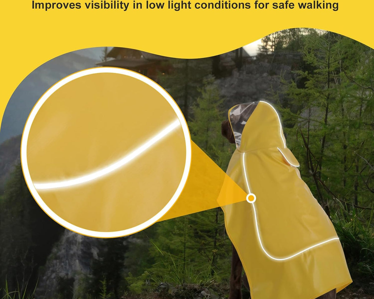 Adjustable Dog Raincoat with Clear Hood and Reflective Strips for Large, Medium, and Small Dogs - Yellow, Size L