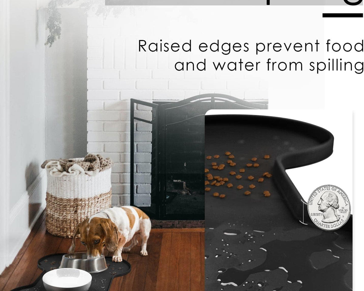 Premium Waterproof Silicone Dog and Cat Feeding Mat - Non-Spill Design, 20.5" x 14.5", Black