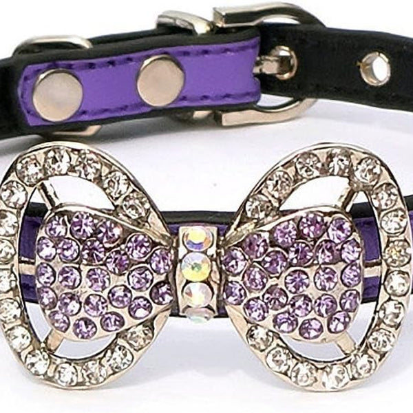 Leather Rhinestone Bow Tie Pet Cat Dog Collar 
