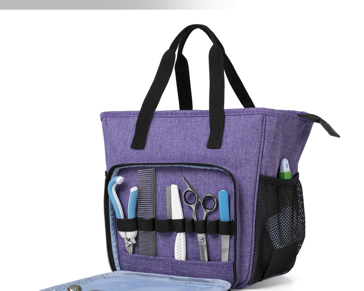 Stylish Purple Professional Pet Grooming Tote - Ultimate Organizer for Shears, Deshedding Tools, Towels, Shampoo & More!