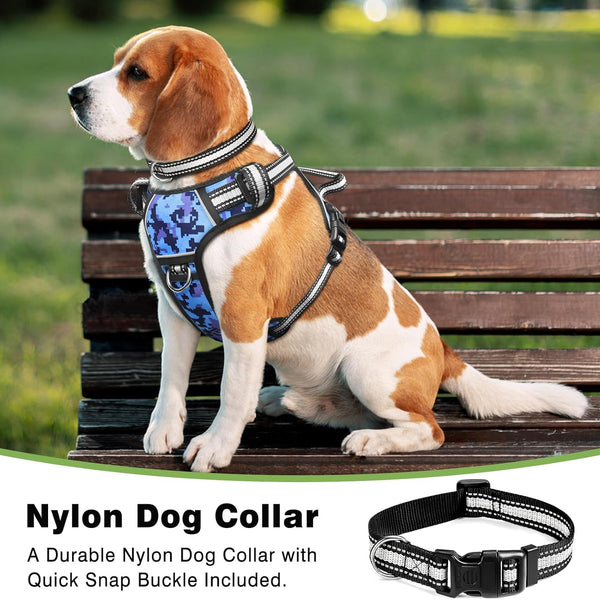 Adjustable No-Pull Dog Harness with Reflective Oxford Vest and Collar, Featuring Front/Back Leash Clips and Easy Control Handle for All Dog Sizes