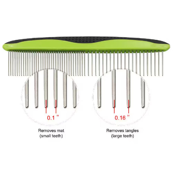 Grip Ease Dual-Sided Pet Grooming Comb - Wide & Narrow Teeth - Green