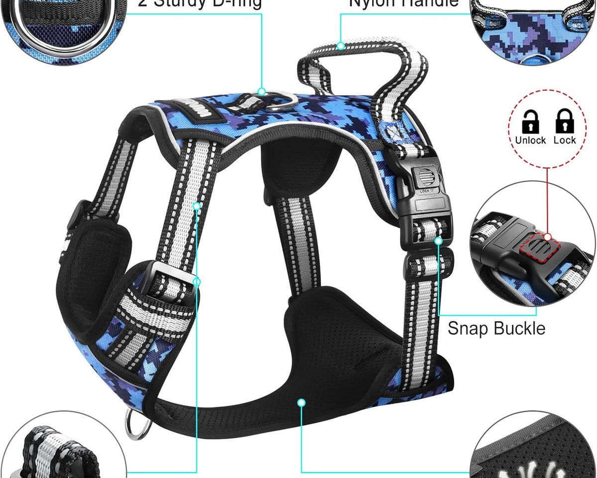 Adjustable No-Pull Dog Harness with Reflective Oxford Vest and Collar, Featuring Front/Back Leash Clips and Easy Control Handle for All Dog Sizes