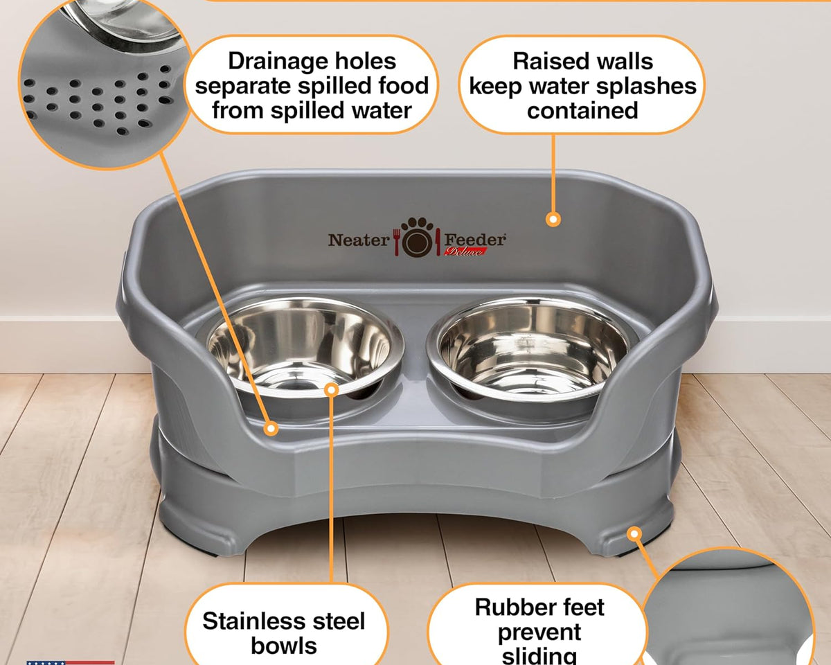 Deluxe Elevated Feeder for Small Dogs (Up to 19 lbs) - Mess-Proof Food and Water Bowl Set, USA-Made, Grey
