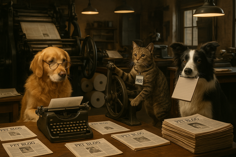 A Pet Blog with real pets working around a press equipment setting 