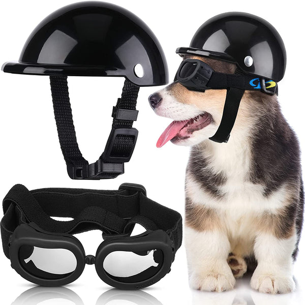 Protective Dog Helmet & UV Sunglasses Set - Adjustable Padded Motorcycle Gear for Small Dogs (Black, Size S)