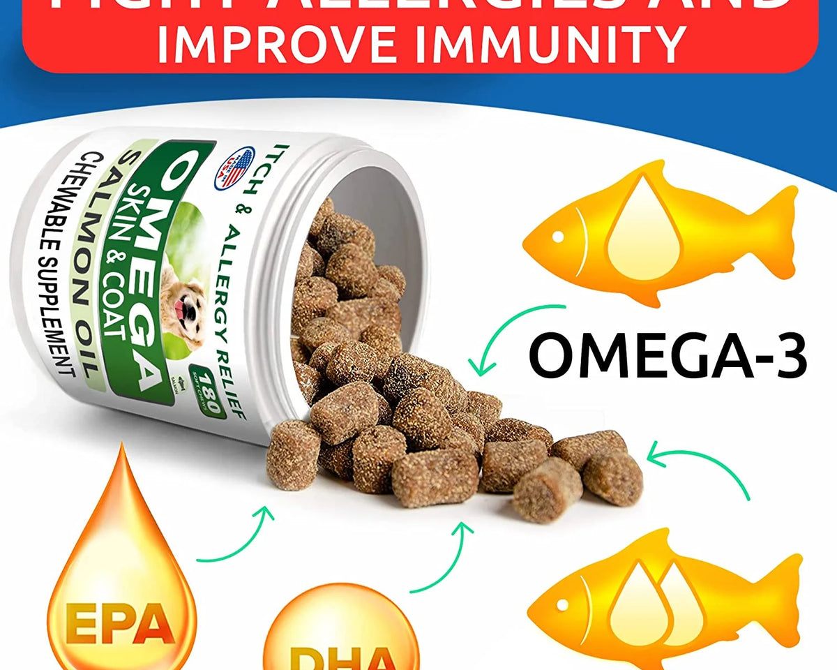 Omega 3 Fish Oil Treats for Dogs - 180 Soft Chews for Shedding, Skin Allergies, Itch Relief & Joint Health - Premium Salmon Oil with EPA & DHA for a Healthy Coat