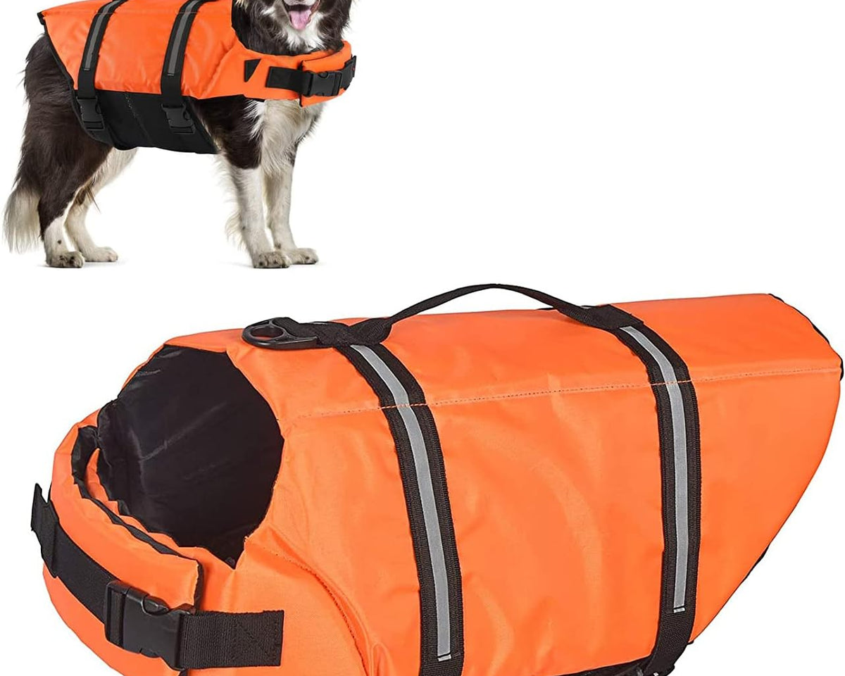 Premium Adjustable Dog Life Jacket - Reflective Safety Vest for All Sizes (Orange, Size L)